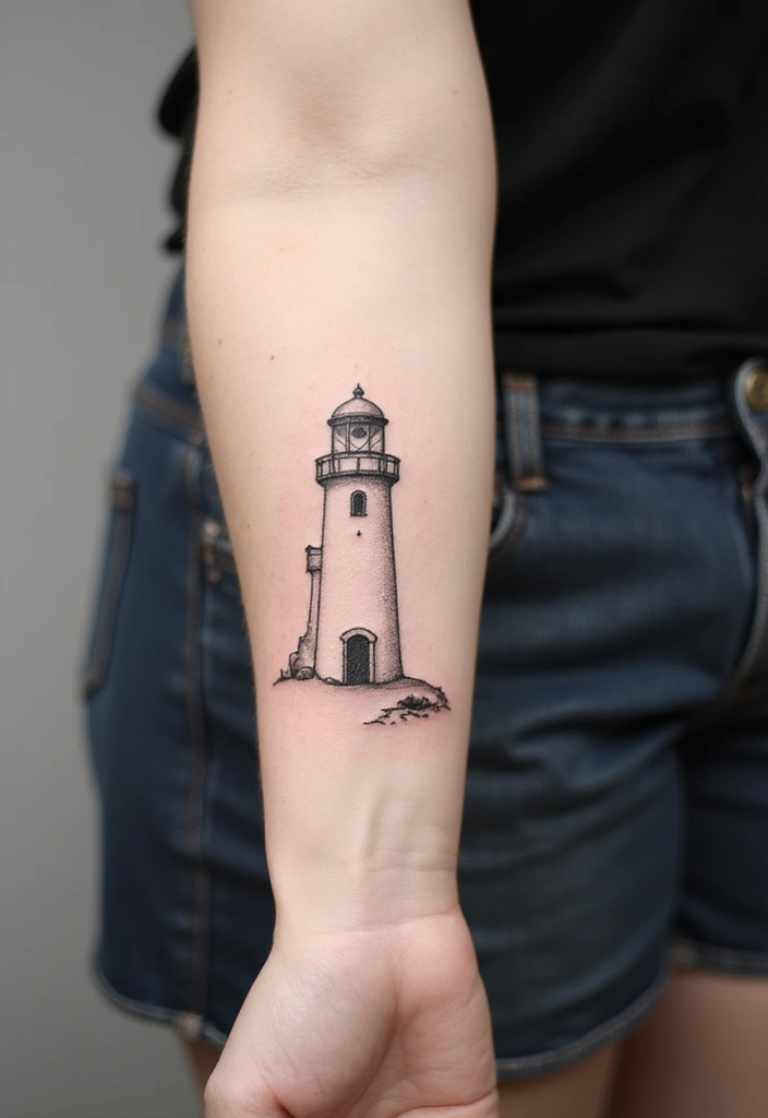 30 Lighthouse Forearm Tattoo Ideas That Guide the Way - 2. Minimalist Outline Lighthouse