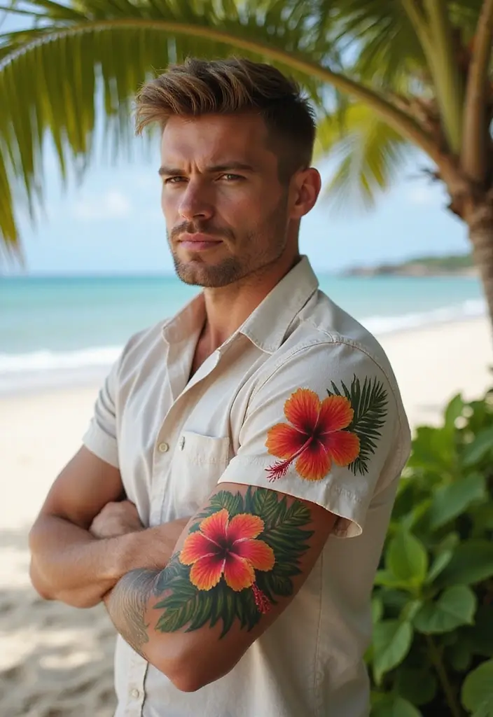 30 Men’s Floral Tattoo Half Sleeve Inspirations - 2. Tropical Vibes with Hibiscus