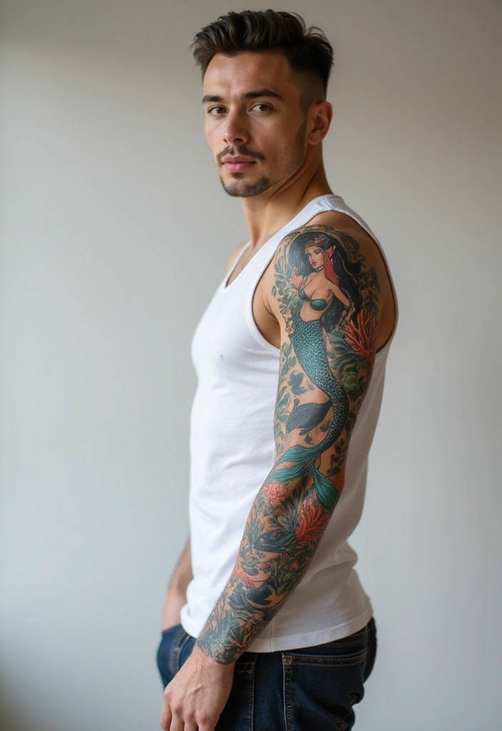 30 Creative Mermaid Tattoos for Men with Ocean Spirit - 2. Half-Sleeve Mermaid Tattoo
