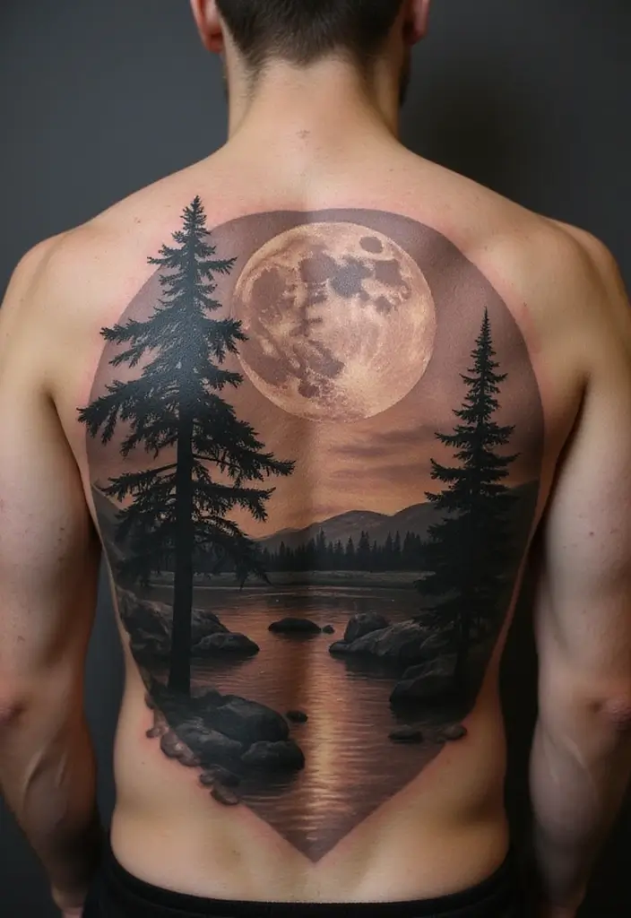 30 Moon Tattoos for Men That Radiate Power and Mystery - 2. Full Moon with Landscape