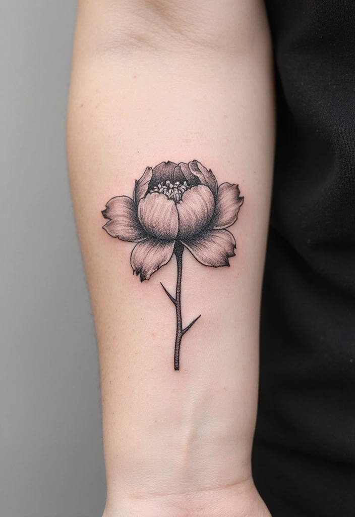 30 Peony Tattoo Ideas with Meaning and Elegance - 2. Minimalist Single Peony