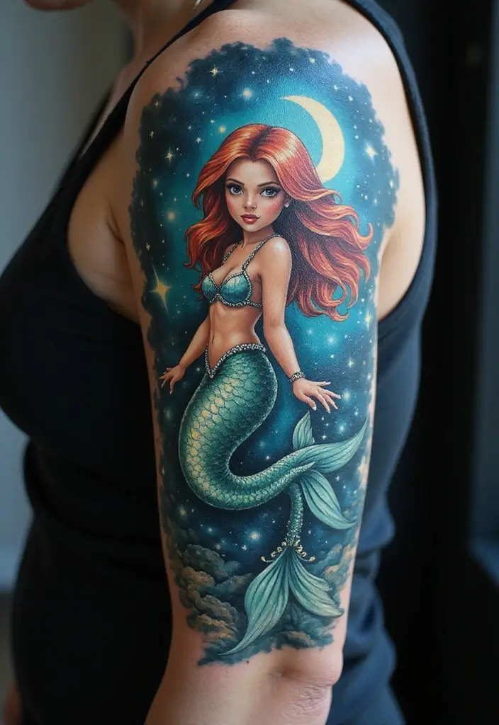 30 Realism Mermaid Tattoo Inspirations That Look Breathtaking - 2. Mystical Nighttime Mermaid