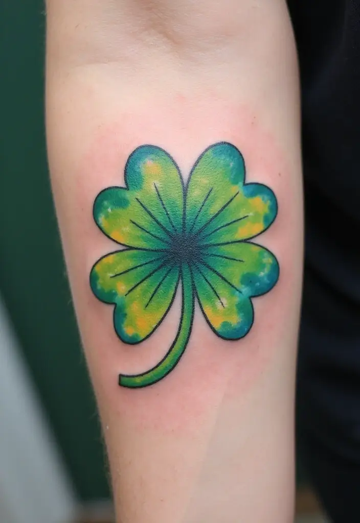 30 Realistic Four Leaf Clover Tattoo Inspirations for Luck - 2. Watercolor Effect