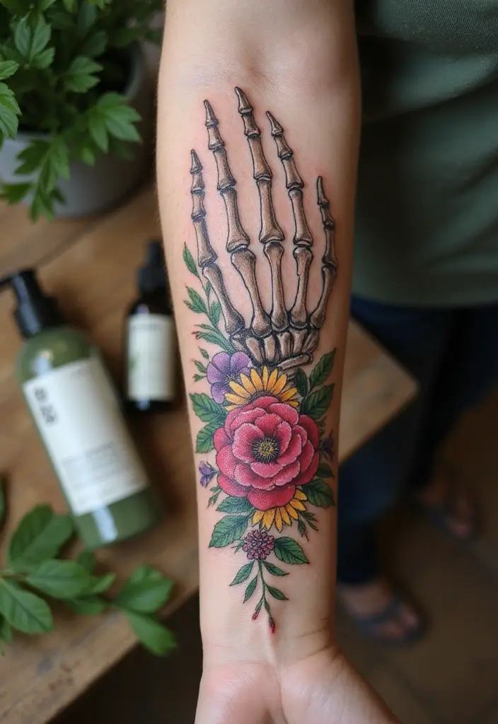 30 Skeleton Hand Tattoos with Edgy and Dark Styles - 2. Floral Embellishment