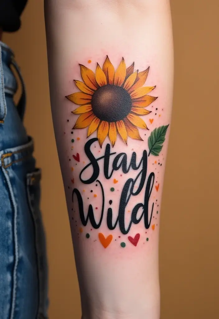 30 Sunflower and Quote Tattoo Ideas Full of Positivity - 2. Sunflower with 'Stay Wild'