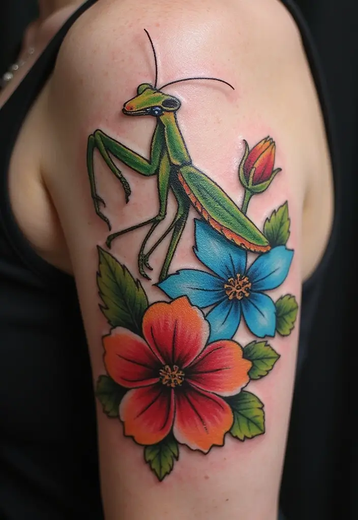 30 Traditional Praying Mantis Tattoo Ideas You’ll Love - 2. Mantis with Flowers