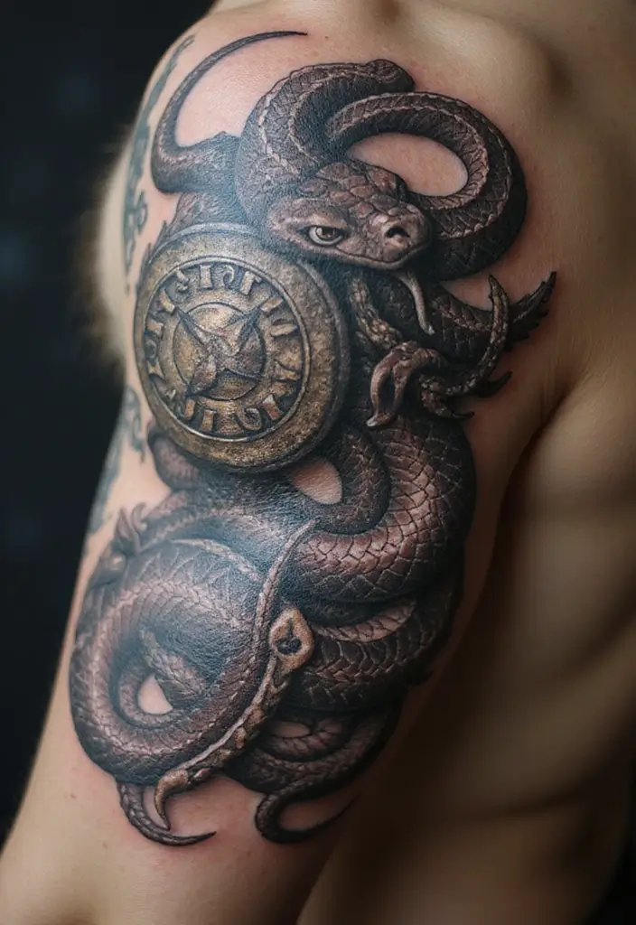 30 Viking Snake Tattoo Designs with Norse Symbolism - 2. Serpent and Shield