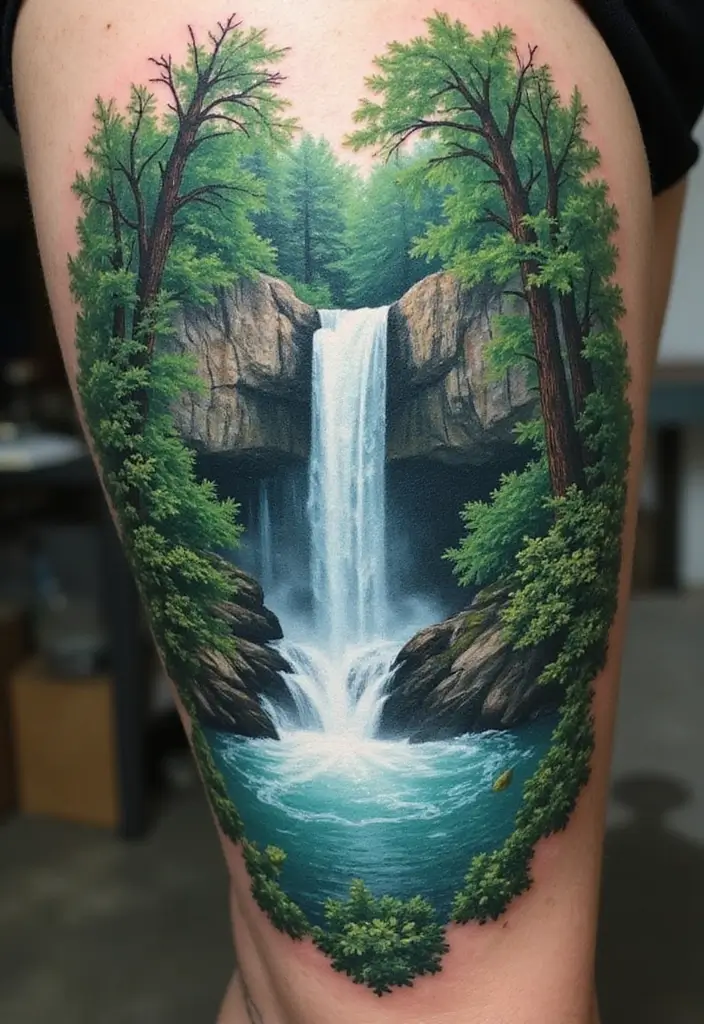 30 Waterfall Tattoos That Flow with Beauty - 2. Forest Dreams