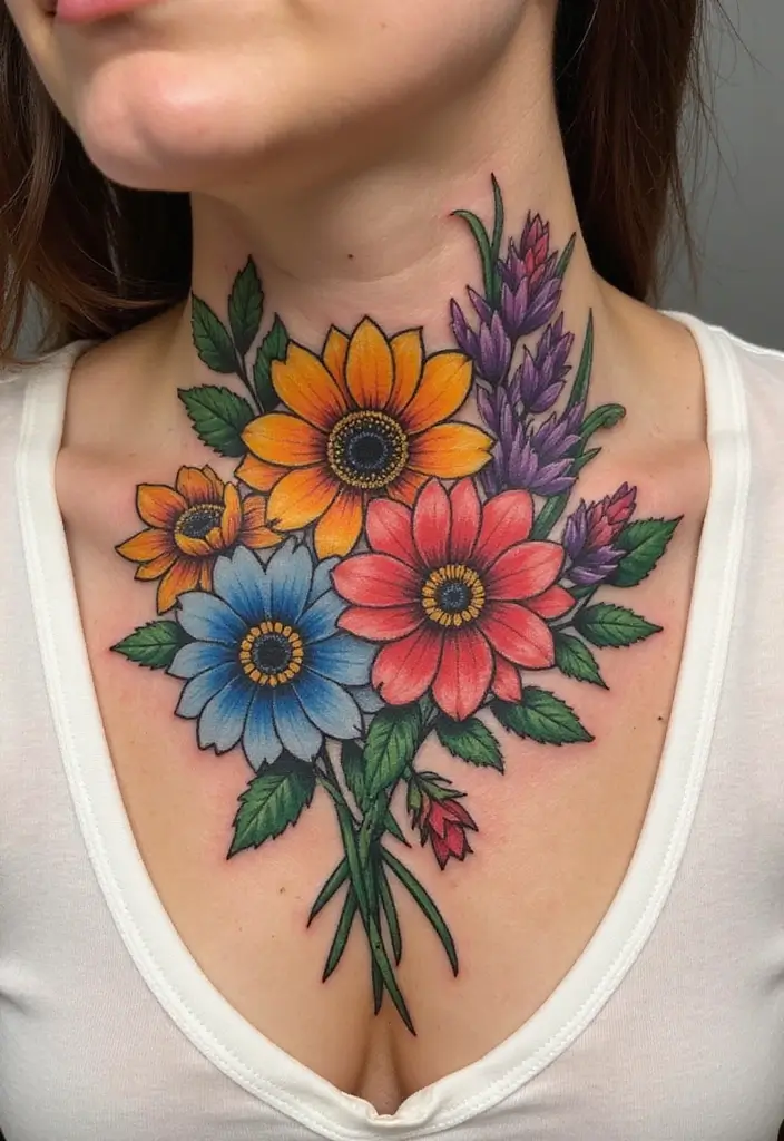 30 Women's Throat Tattoos That Are Edgy and Elegant - 2. Bold Floral Tattoos
