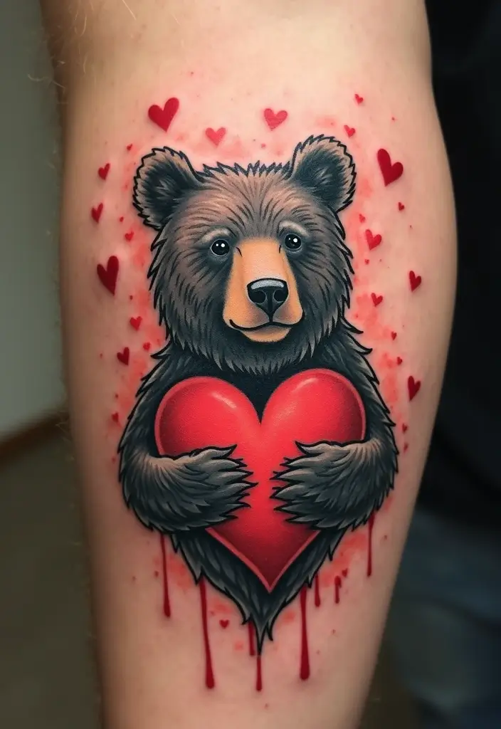 30 Bear Shoulder Tattoo Inspirations with Power and Strength - 30. Bear with a Heart