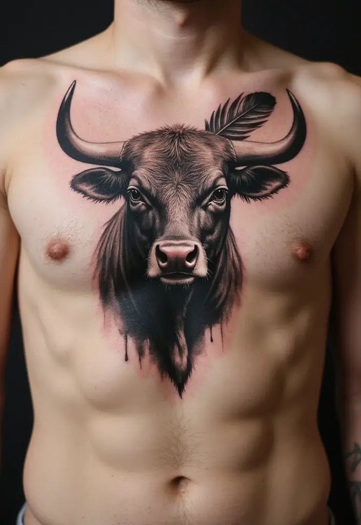 30 Bull Tattoo Chest Ideas Full of Strength - 30. Bull with a Feather