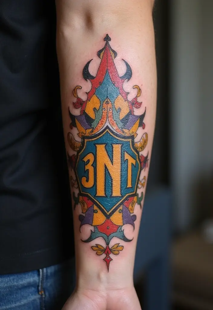 30 Colorful Arm Tattoos That Pop with Style - 30. Personal Emblems