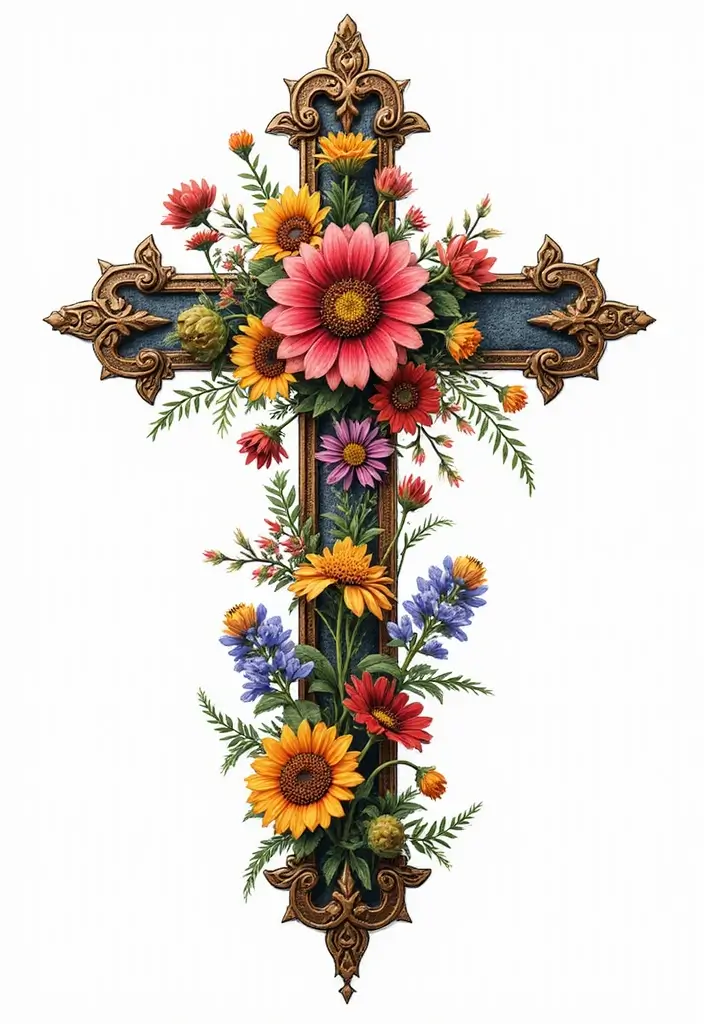 30 Cross with Flowers Tattoo Ideas That Blend Faith and Beauty - 30. Cross with Seasonal Flowers