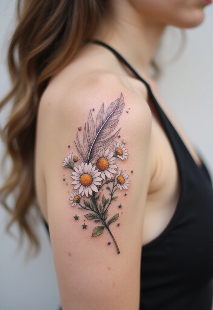 30 Daisy Tattoo Ideas for a Fresh and Delicate Design - 30. Daisies with a Feather
