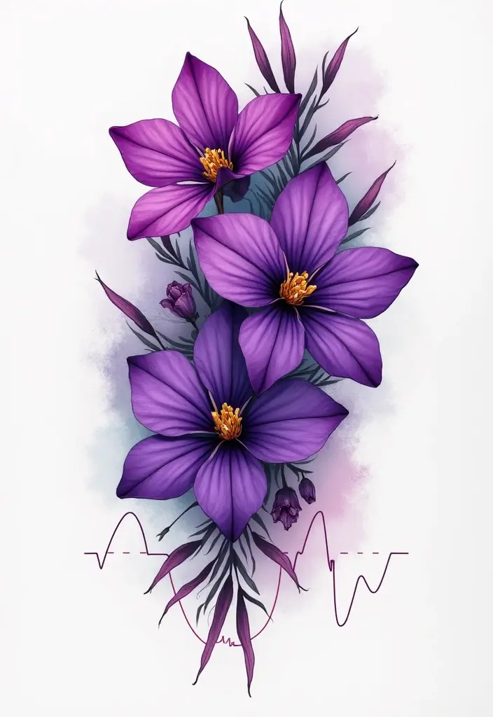30 February Flower Tattoo Ideas with Birth Month Beauty - 30. Violets with a Heartbeat Line