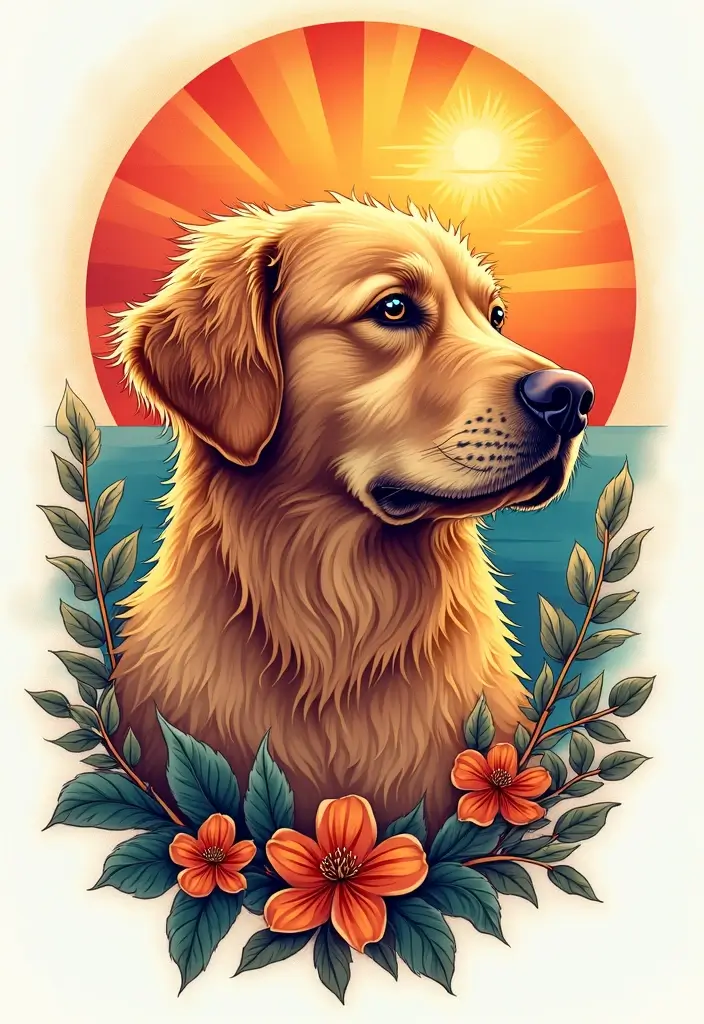 30 Golden Retriever Memorial Tattoos Honoring Beloved Pets - 30. Golden Retriever with a Sun