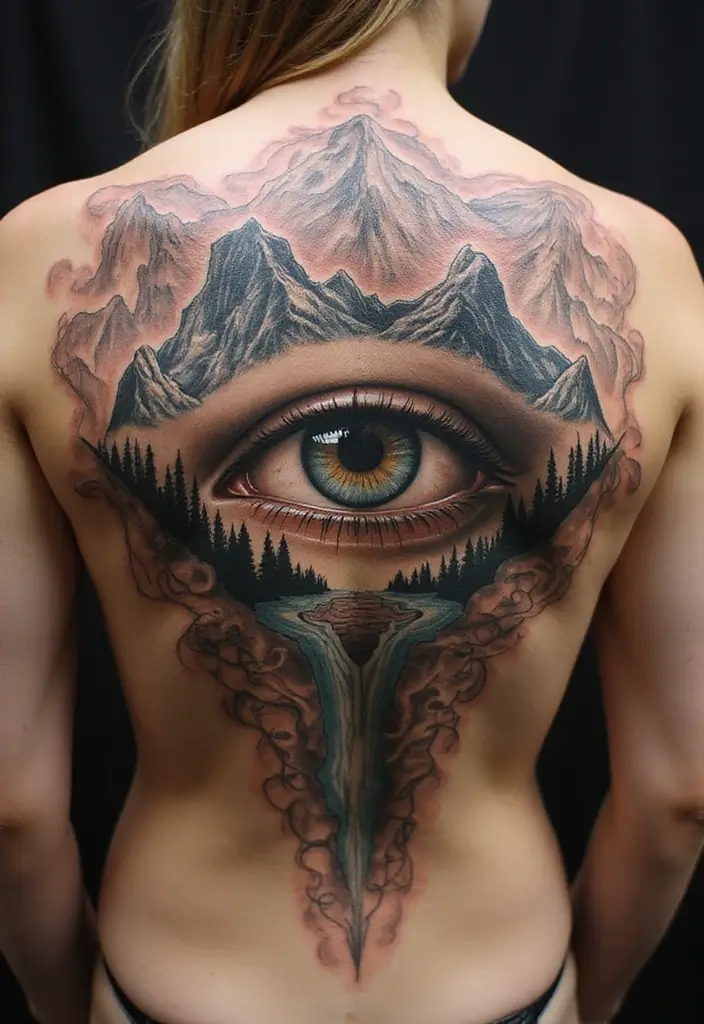 30 Greek Eye Tattoo Meaning and Stunning Design Ideas - 30. Greek Eye with Landscape Elements