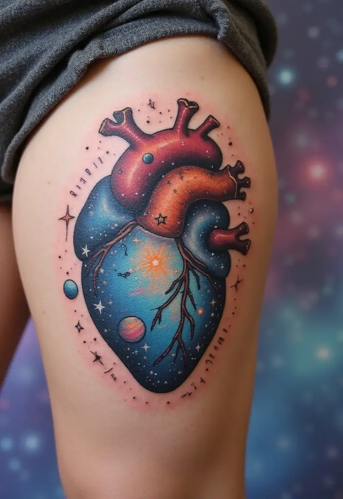 30 Heart Tattoos with Names to Celebrate Love and Bonds - 30. Heart with a Universe Theme and Name