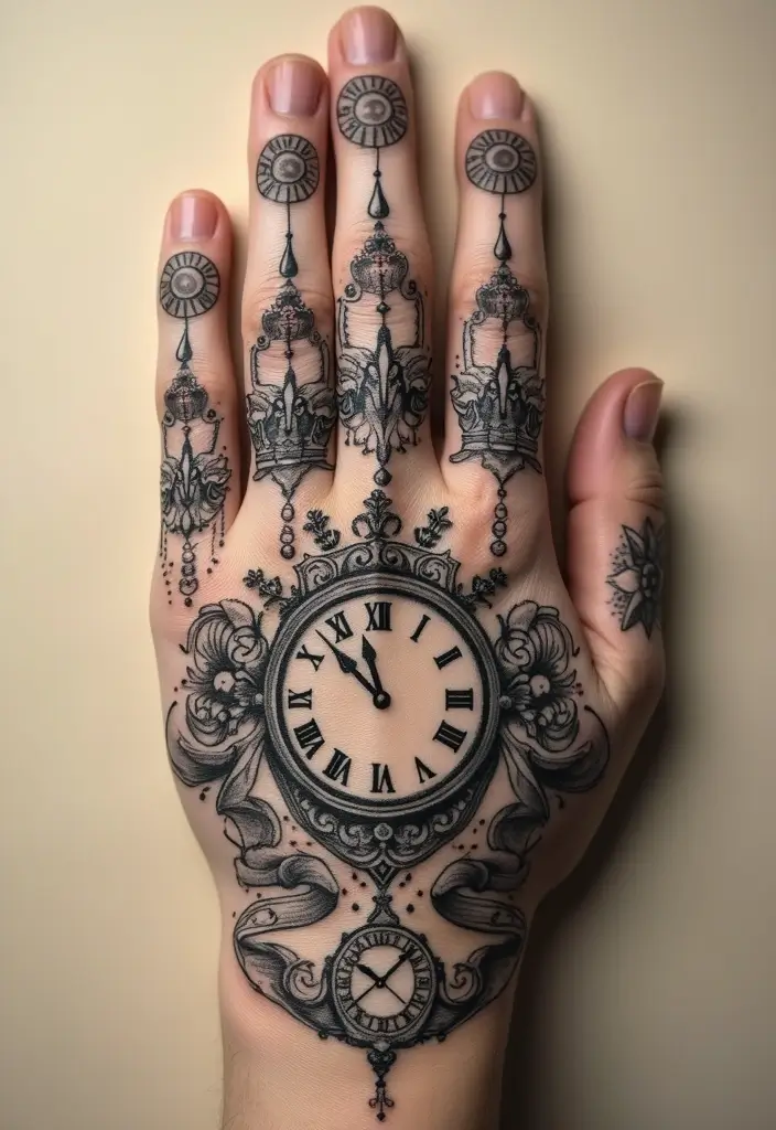 30 King and Queen Tattoos Finger Designs for Couples - 30. Crown with Clock Elements
