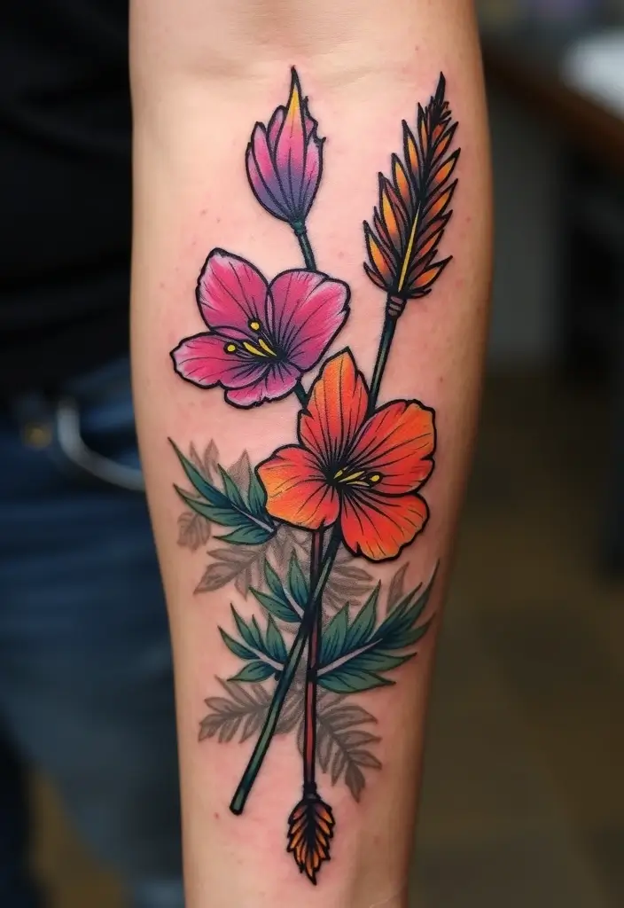 30 Larkspur Tattoo Designs Inspired by Birth Flowers - 30. Larkspur with a Feathered Arrow