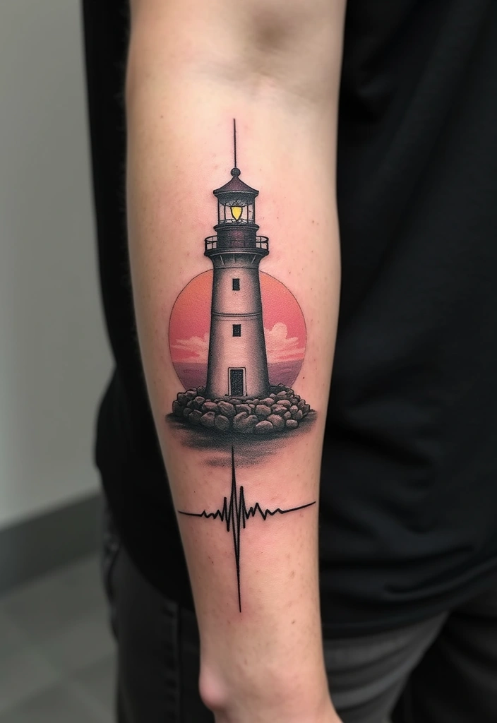 30 Lighthouse Forearm Tattoo Ideas That Guide the Way - 30. Lighthouse with a Heartbeat Line