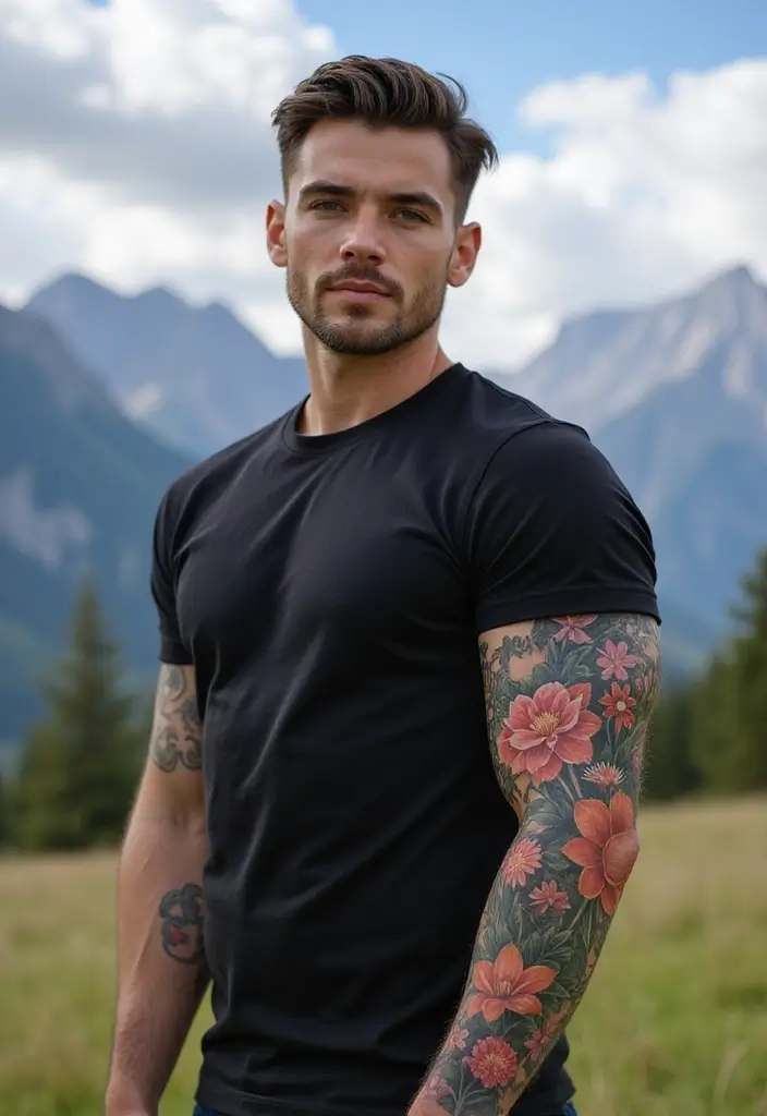 30 Men’s Floral Tattoo Half Sleeve Inspirations - 30. Nature’s Beauty with a Floral Landscape