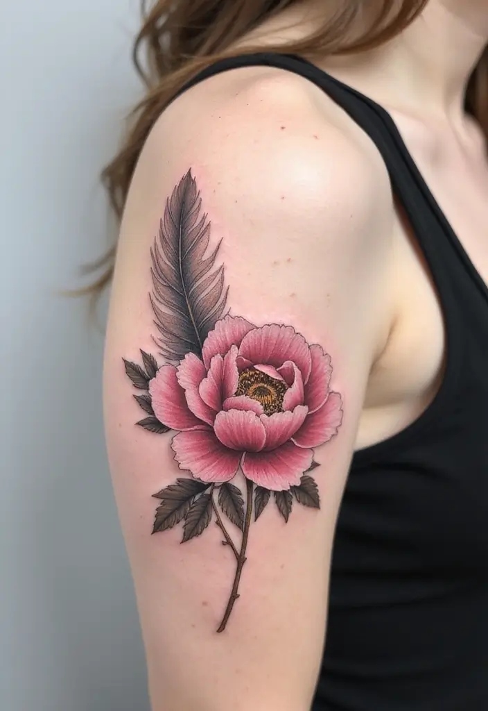 30 Peony Tattoo Ideas with Meaning and Elegance - 30. Peony and a Feather