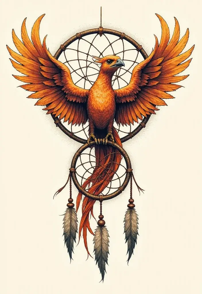 30 Phoenix Reborn Tattoo Designs with Deep Meanings - 30. Phoenix with a Dreamcatcher