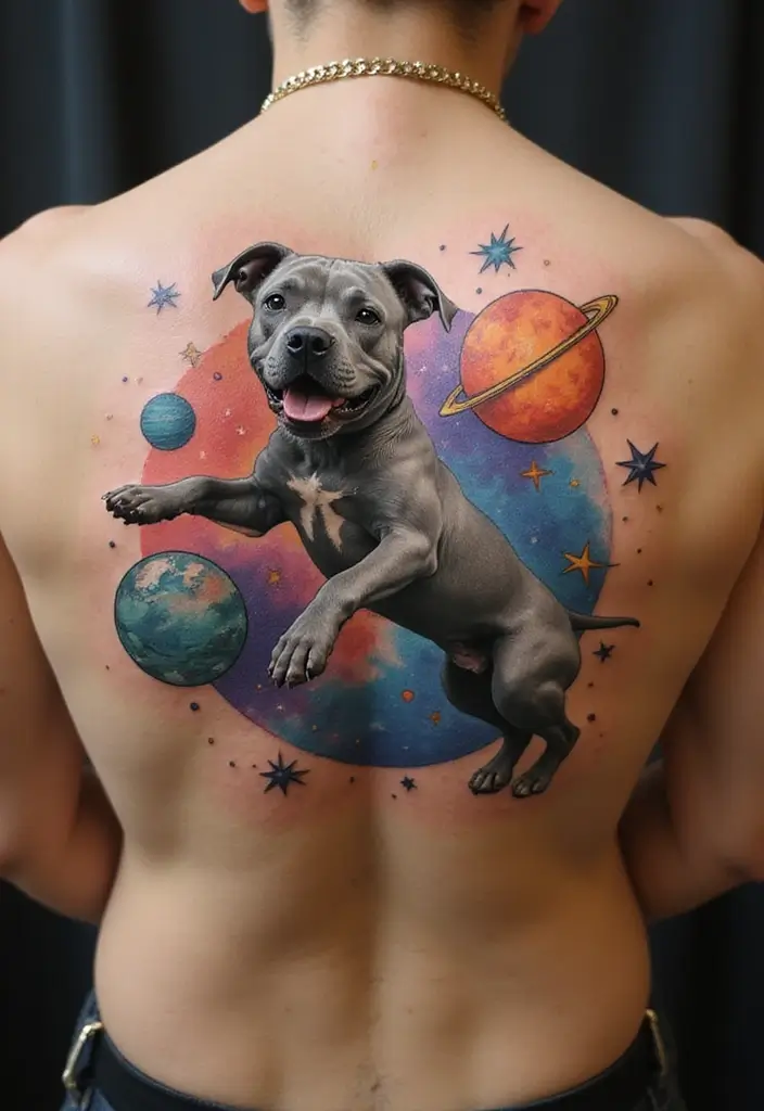 30 Pitbull Tattoo Designs Celebrating Strength and Loyalty - 30. Pitbull in Space