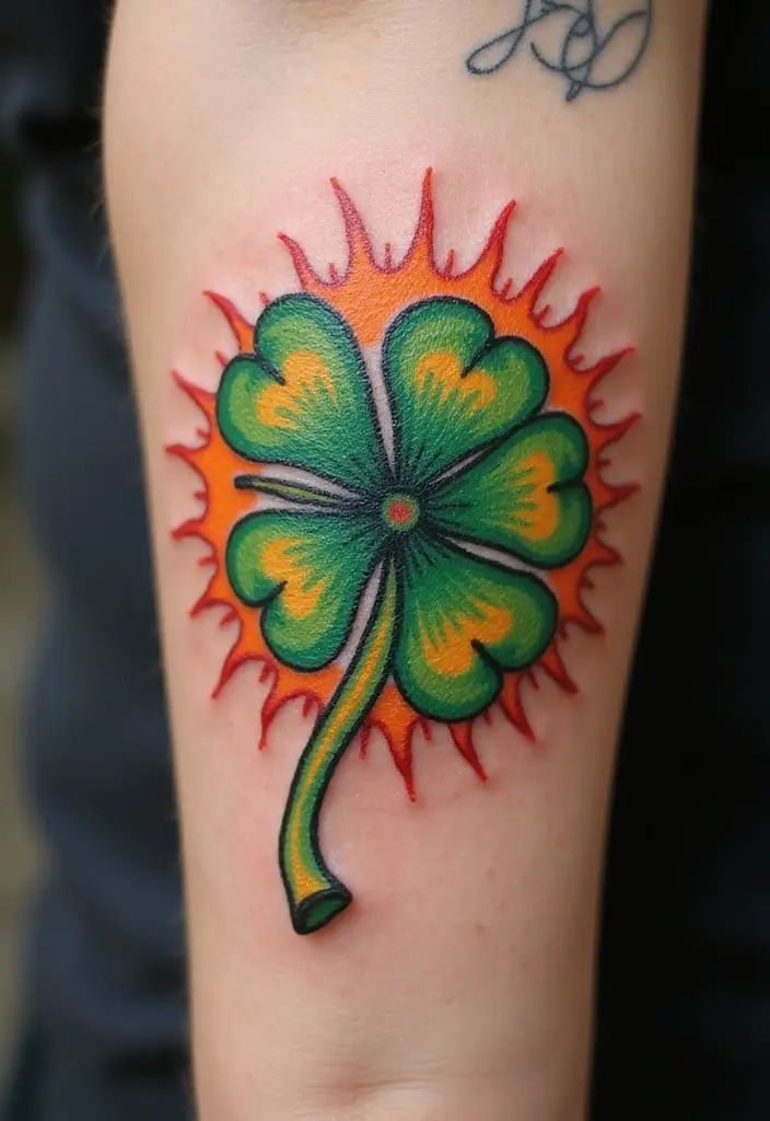 30 Realistic Four Leaf Clover Tattoo Inspirations for Luck - 30. Clover with a Sun