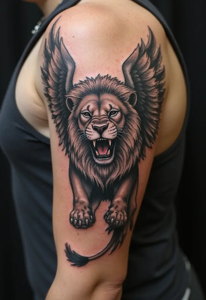 30 Roar Lion Tattoo Inspirations That Show Strength - 30. Lion with Wings: Soaring Strength