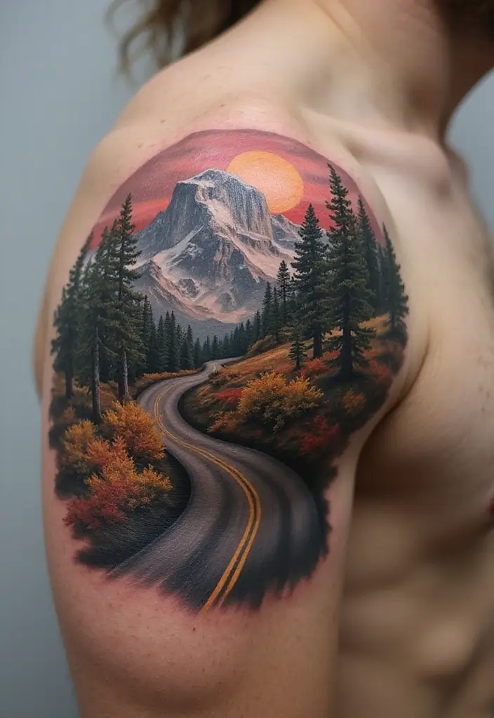 30 Shoulder and Back Tattoos for Guys with Masculine Energy - 30. The Road Less Traveled
