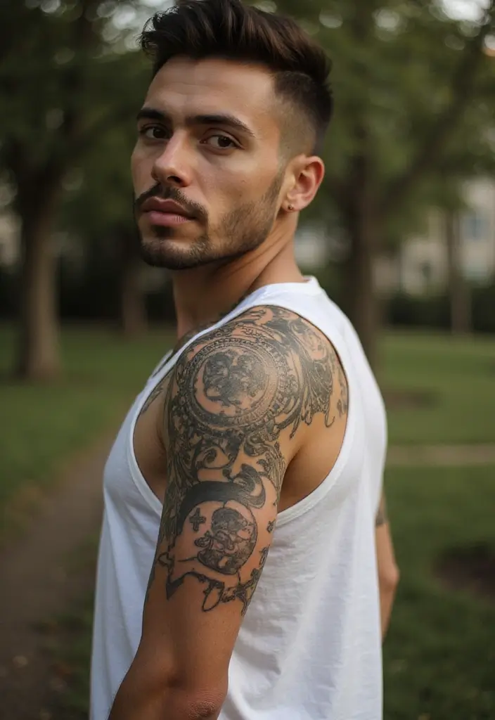 30 Shoulder Tattoos for Men with Meaningful Designs - 30. Sun and Moon: Duality and Balance
