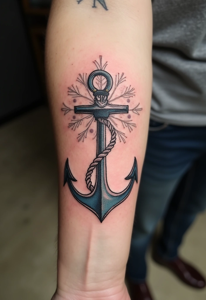 30 Snowflake Tattoo Ideas with Delicate and Unique Patterns - 30. Snowflake with an Anchor