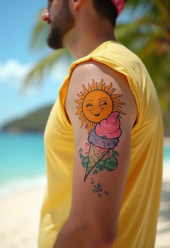 30 Sun Tattoo Men Ideas for Radiant Energy - 30. Sun and Ice Cream Tattoo