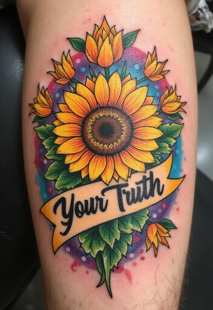 30 Sunflower and Quote Tattoo Ideas Full of Positivity - 30. Sunflower with 'Live Your Truth'