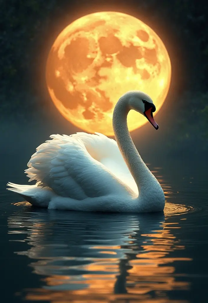 30 Graceful Swan Tattoo Ideas for a Timeless Look - 30. Swans with a Glowing Moon