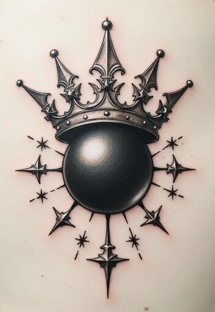 30 Tattoo Black Pearl Ideas to Inspire Your Next Ink - 30. Black Pearl with Crown and Stars