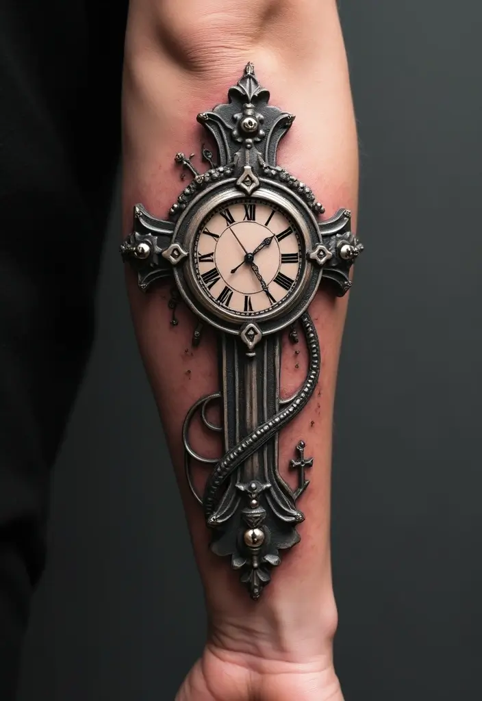 30 Tattoo Cross 3D Designs That Look Realistic - 30. Cross with a Clock