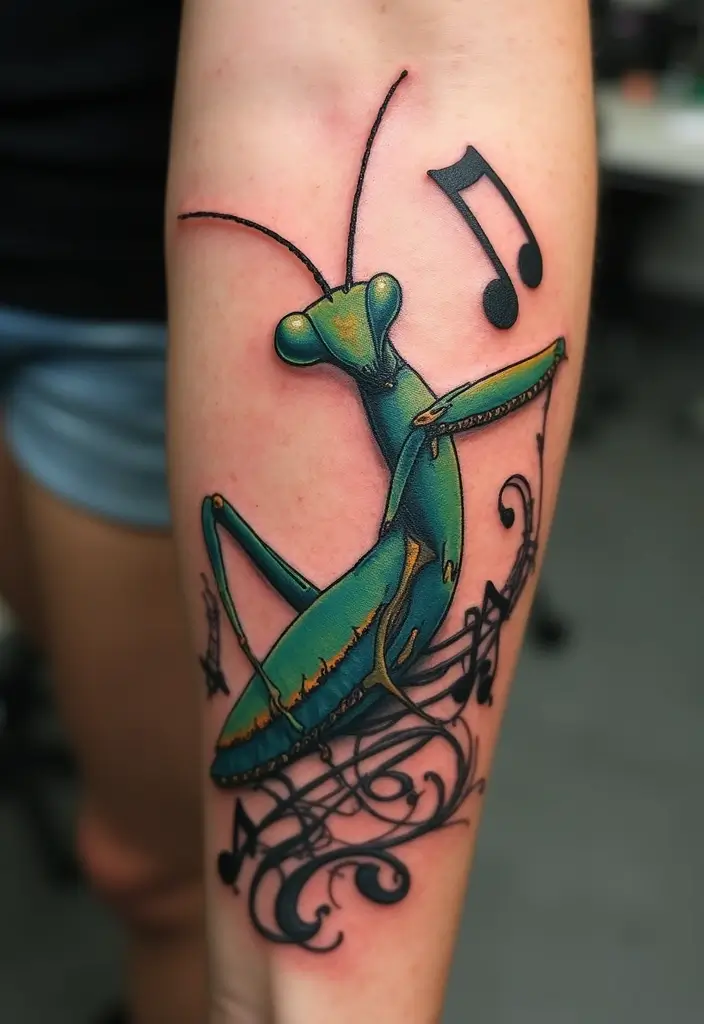 30 Traditional Praying Mantis Tattoo Ideas You’ll Love - 30. Mantis and Music