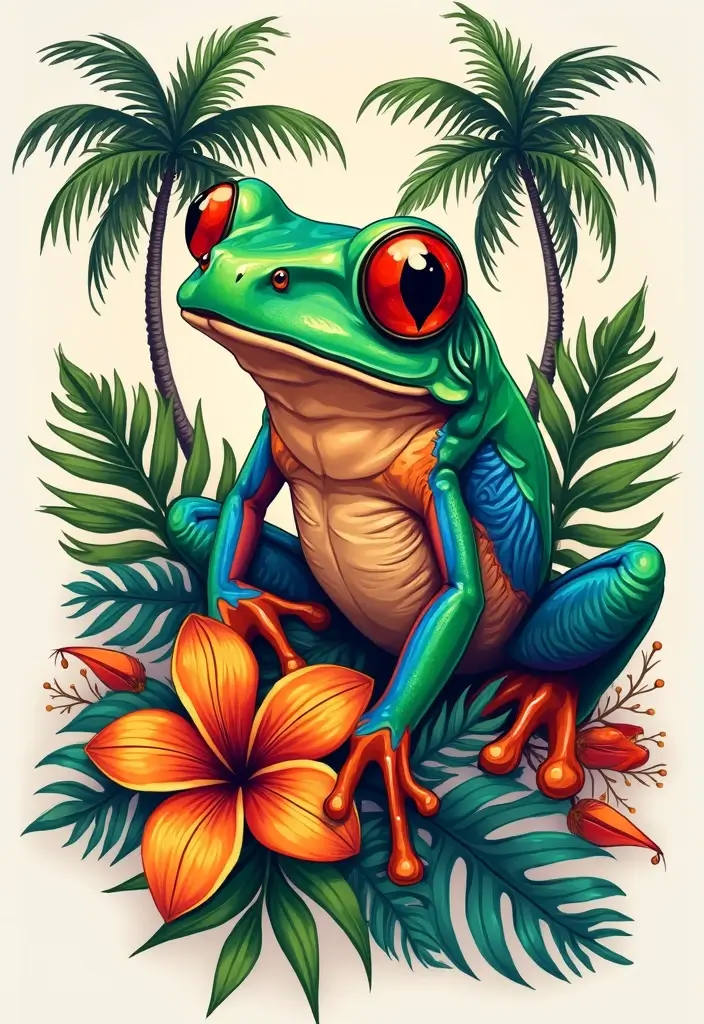 30 Tree Frog Tattoos with Playful and Unique Vibes - 30. Tree Frog and Tropical Vibes