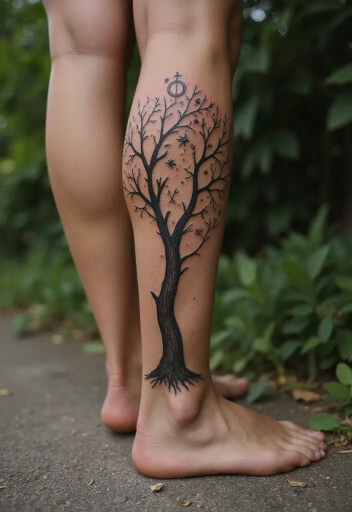 30 Tree Leg Tattoo Designs for Nature-Inspired Ink - 30. Tree with Personal Symbols