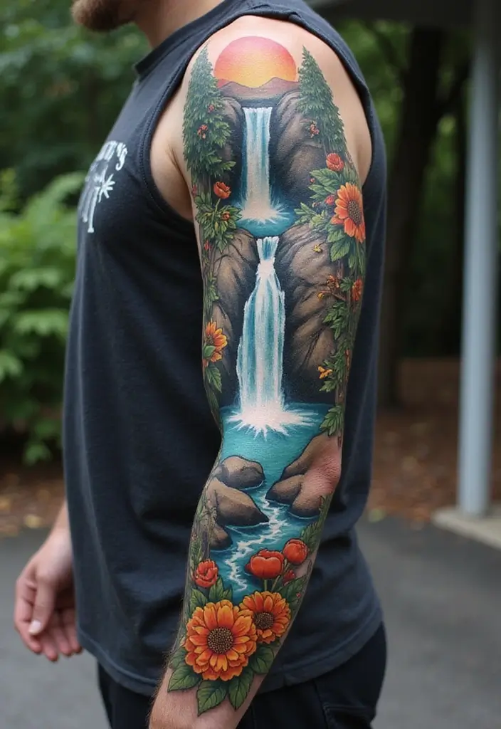 30 Waterfall Tattoos That Flow with Beauty - 30. Flowing Waterfall Sleeve
