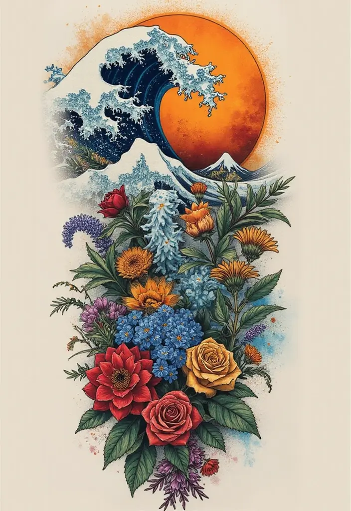 30 Wave Tattoo Sleeve Ideas That Make a Bold Statement - 30. Artistic Collaboration Wave Tattoo