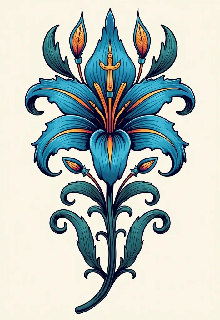 30 Blue Lily Tattoo Designs That Look Elegant - 28. Blue Lily and Native Symbols
