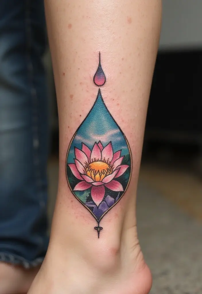 30 Empty Teardrop Tattoo Meaning and Design Ideas - 21. Teardrop with a Lotus Flower