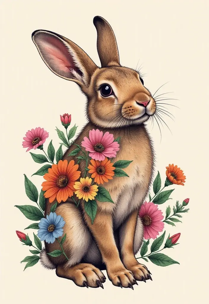 30 American Traditional Rabbit Tattoo Inspirations - 3. Floral Accents