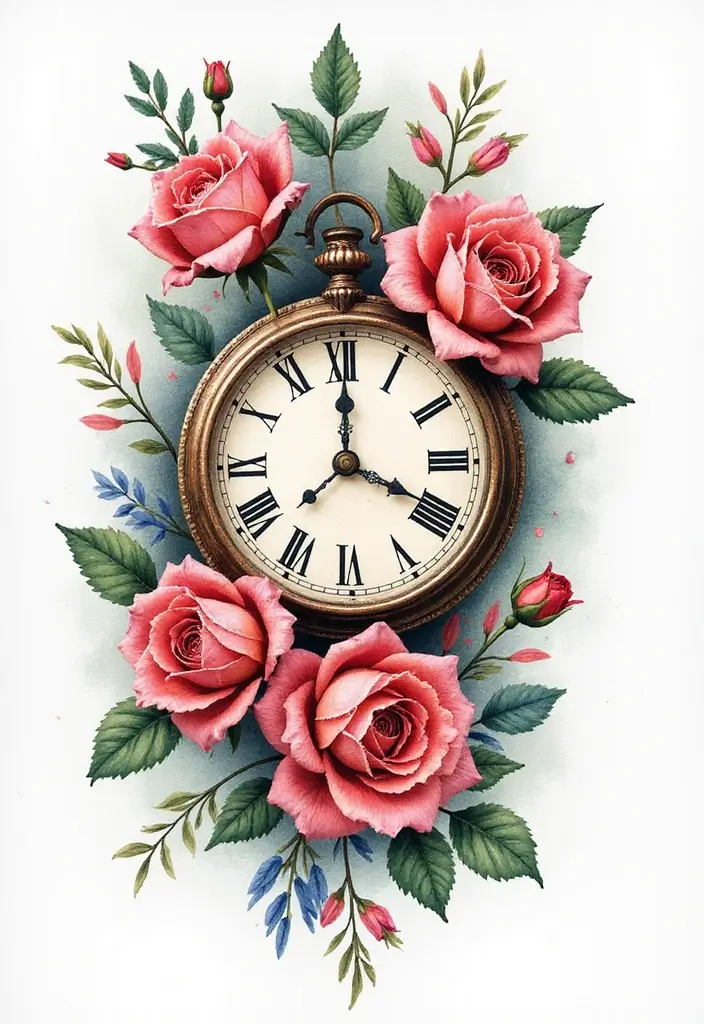30 Clock and Rose Tattoos That Symbolize Time and Love - 3. Watercolor Whimsy