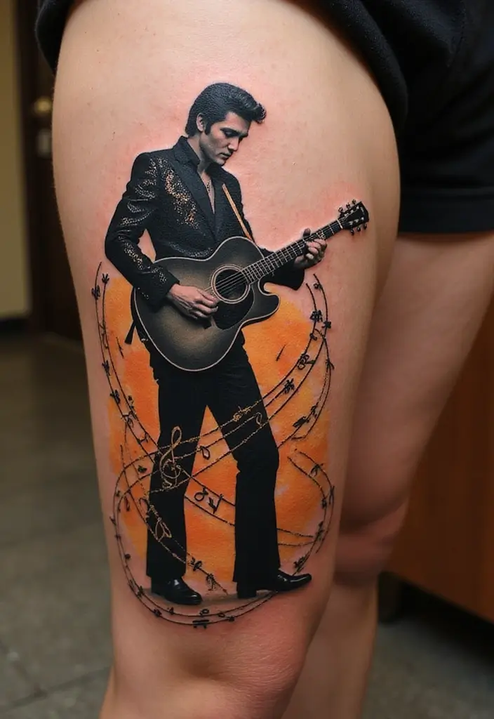 30 Elvis Silhouette Tattoo Ideas for Rock Legends - 3. Elvis and the Guitar
