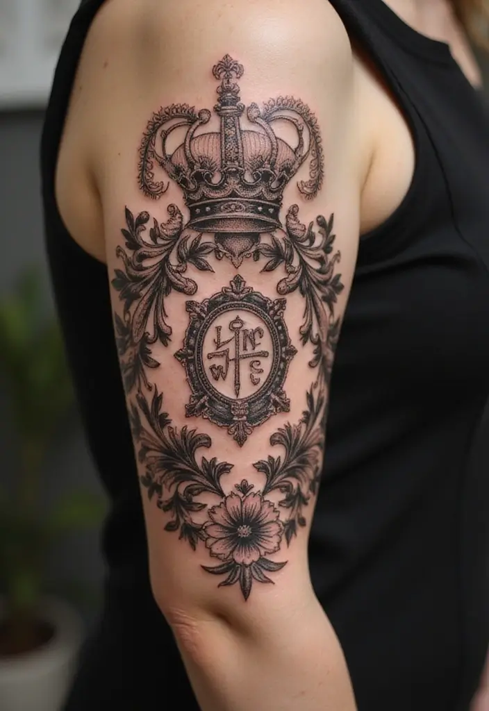30 Family Crest Arm Tattoos That Carry Heritage - 3. Floral Elements in Crest Tattoos